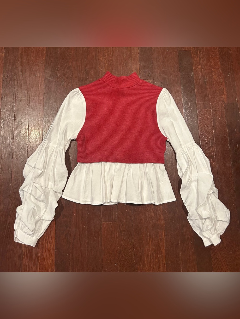 Anthropologie Red Knit Peplum Top with White Ruffled Sleeves